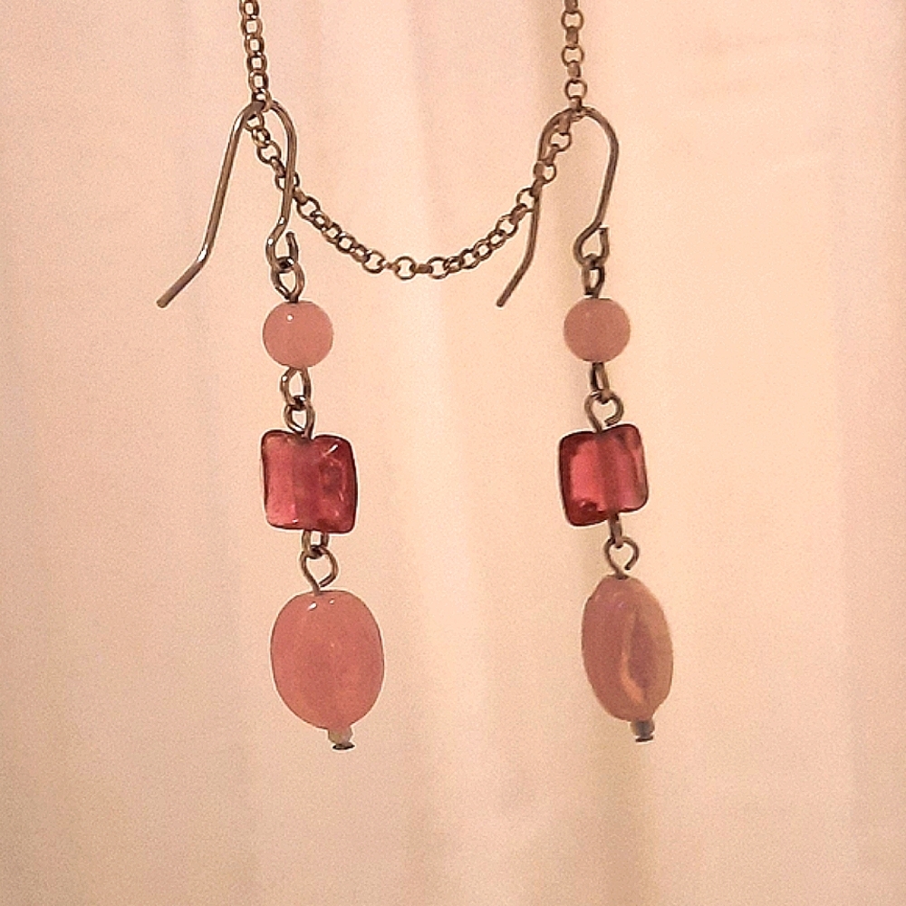 Dangle Pink Glass Bead Pierced Earrings